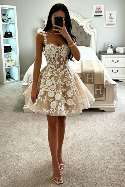 Pretty Champagne Lace Short Prom Dresses, Champagne Lace Homecoming Dresses WT1830
