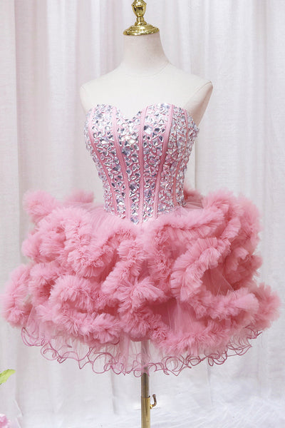 Pretty Strapless Sweetheart Neck Pink Prom Dresses, Short Pink Homecoming Dresses, Pink Formal Evening Dresses WT1249