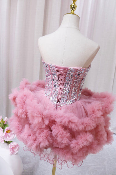 Pretty Strapless Sweetheart Neck Pink Prom Dresses, Short Pink Homecoming Dresses, Pink Formal Evening Dresses WT1249