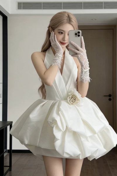 Pretty V Neck White Satin Short Prom Dresses, White Homecoming Dresses Cocktail Dresses WT1831
