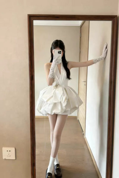 Pretty V Neck White Satin Short Prom Dresses, White Homecoming Dresses Cocktail Dresses WT1831
