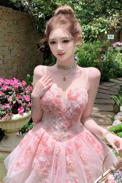 Pricess V Neck Pink Short Prom Dresses with 3D Flowers, Pink Floral Homecoming Dress WT1827