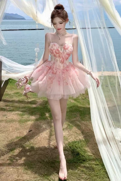 Pricess V Neck Pink Short Prom Dresses with 3D Flowers, Pink Floral Homecoming Dress WT1827