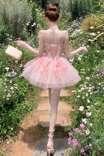 Pricess V Neck Pink Short Prom Dresses with 3D Flowers, Pink Floral Homecoming Dress WT1827