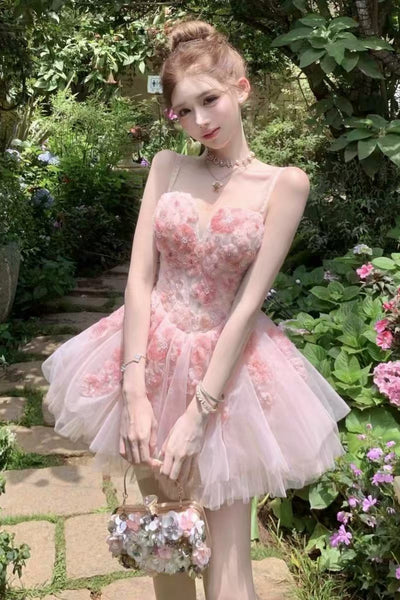Pricess V Neck Pink Short Prom Dresses with 3D Flowers, Pink Floral Homecoming Dress WT1827