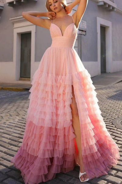 Purple/Blue/Pink A Line V Neck Backless Ombre Long Prom Dresses with High Slit, Purple/Blue/Pink Formal Graduation Evening Dresses WT1507