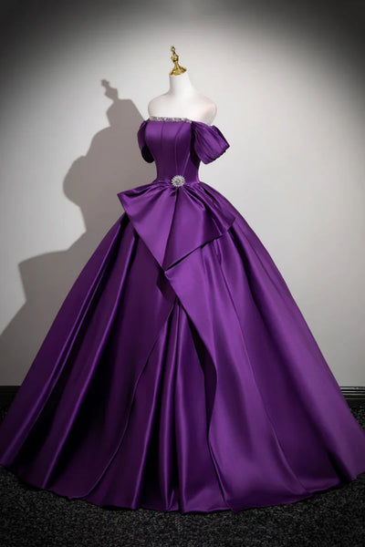 Purple Satin A Line Off the Shoulder Long Prom Dresses, Off Shoulder Purple Formal Dresses, Purple Evening Dresses WT1822
