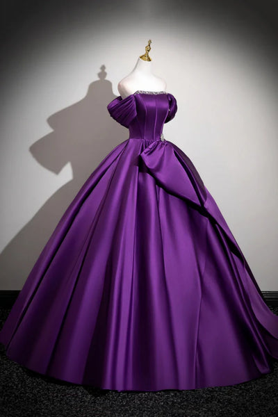 Purple Satin A Line Off the Shoulder Long Prom Dresses, Off Shoulder Purple Formal Dresses, Purple Evening Dresses WT1822