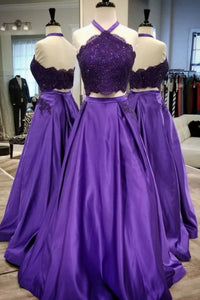 Purple Satin Halter Neck Two Pieces Lace Long Prom Dresses, Purple Lace Formal Dresses, Long Purple Evening Dresses WT1543