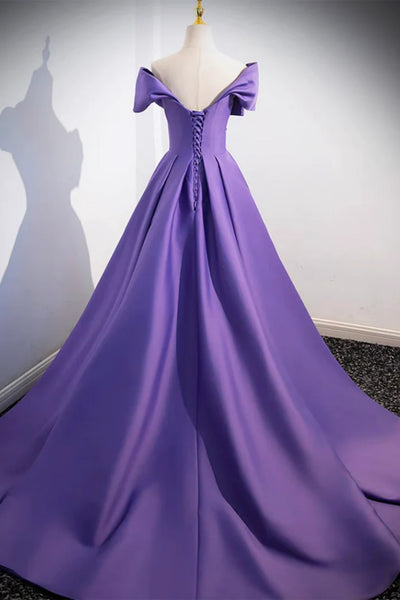 Purple Satin Off Shoulder Long Prom Dresses, Off the Shoulder Formal Dresses, Purple Evening Dresses WT1426