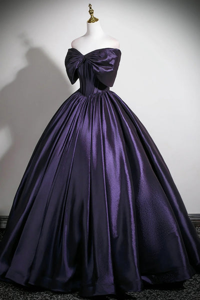 Purple Satin Off the Shoulder Long Prom Dresses, Off Shoulder Purple Formal Evening Dresses WT1682