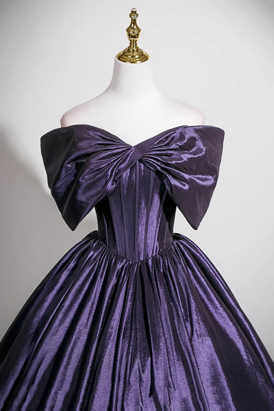 Purple Satin Off the Shoulder Long Prom Dresses, Off Shoulder Purple Formal Evening Dresses WT1682