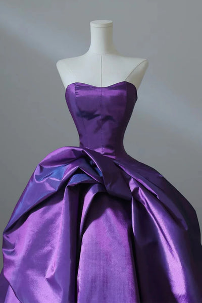 Purple Satin Sweetheart Neck Strapless Long Prom Dresses, A Line Purple Formal Graduation Evening Dresses WT1559