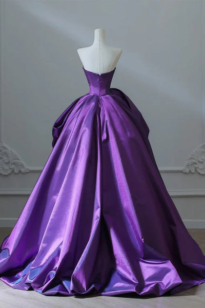 Purple Satin Sweetheart Neck Strapless Long Prom Dresses, A Line Purple Formal Graduation Evening Dresses WT1559