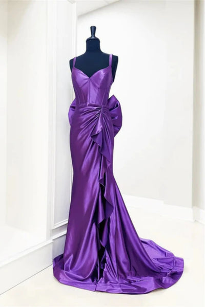 Purple Satin V Neck Open Back Mermaid Long Prom Dresses with Slit, Mermaid Purple Formal Graduation Evening Dresses WT1690