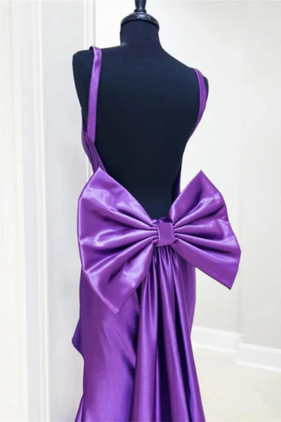 Purple Satin V Neck Open Back Mermaid Long Prom Dresses with Slit, Mermaid Purple Formal Graduation Evening Dresses WT1690