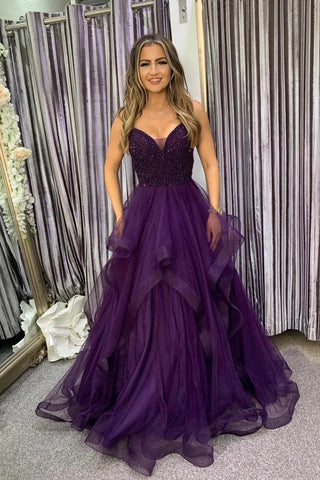 Purple Tulle A Line V Neck Beaded Long Prom Dresses, Fluffy Purple Tulle Formal Evening Dresses WT1484