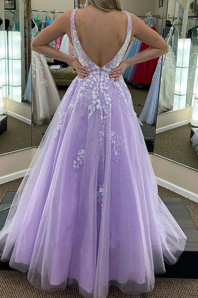 Purple Tulle A Line V Neck Open Back Lace Long Prom Dresses, Purple Lace Formal Dresses, Purple Evening Dresses WT1348