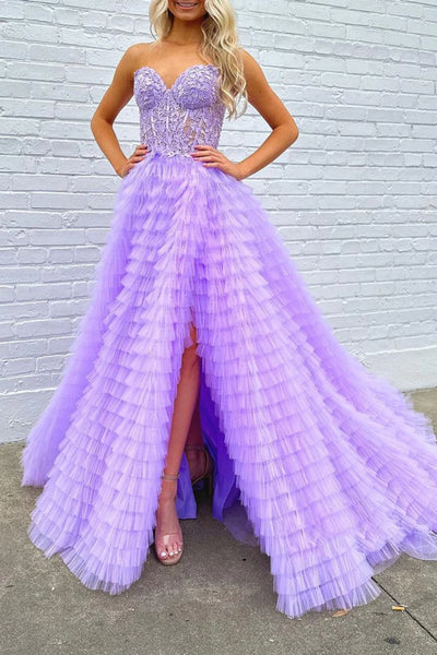 Purple Tulle Gorgeous Strapless Sweetheart Neck Lace Long Prom Dresses, Purple Lace Formal Evening Dresses, Purple Ball Gown WT11461