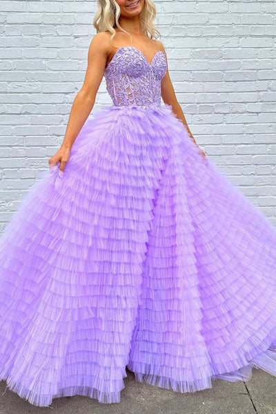 Purple Tulle Gorgeous Strapless Sweetheart Neck Lace Long Prom Dresses, Purple Lace Formal Evening Dresses, Purple Ball Gown WT11461