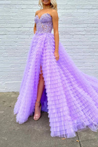 Purple Tulle Gorgeous Strapless Sweetheart Neck Lace Long Prom Dresses, Purple Lace Formal Evening Dresses, Purple Ball Gown WT11461