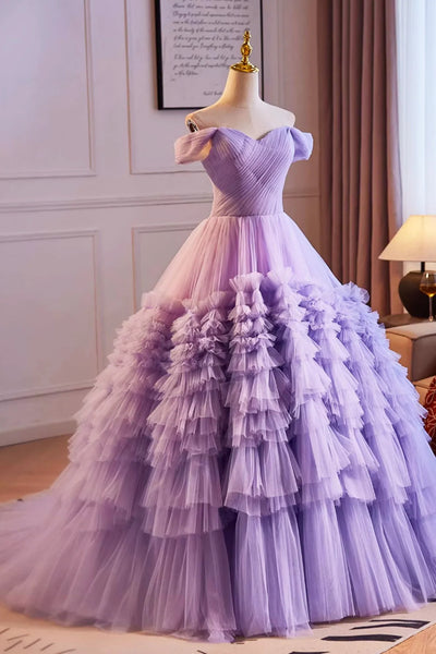 Purple Tulle Off Shoulder Long Prom Dresses, Off the Shoulder Formal Evening Dresses, Purple Ball Gown WT1423