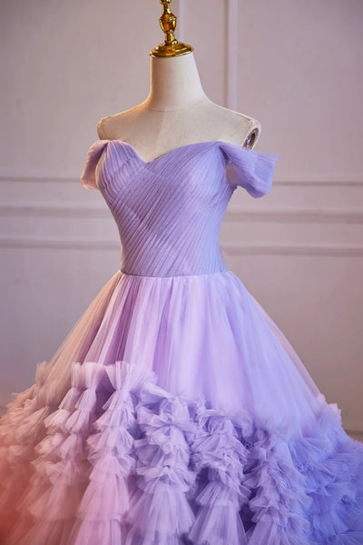 Purple Tulle Off Shoulder Long Prom Dresses, Off the Shoulder Formal Evening Dresses, Purple Ball Gown WT1423