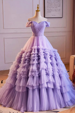 Purple Tulle Off Shoulder Long Prom Dresses, Off the Shoulder Formal Evening Dresses, Purple Ball Gown WT1423