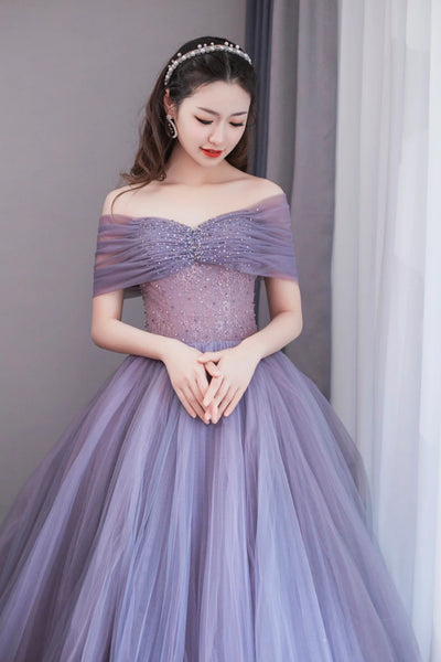 Purple Tulle Off Shoulder Long Prom Dresses with Beadings, Purple Beaded Formal Dresses, Purple Evening Dresses WT1285