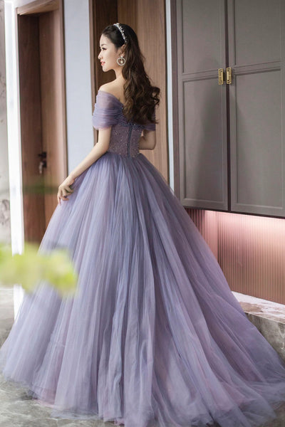 Purple Tulle Off Shoulder Long Prom Dresses with Beadings, Purple Beaded Formal Dresses, Purple Evening Dresses WT1285