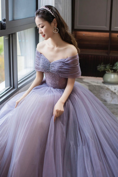 Purple Tulle Off Shoulder Long Prom Dresses with Beadings, Purple Beaded Formal Dresses, Purple Evening Dresses WT1285