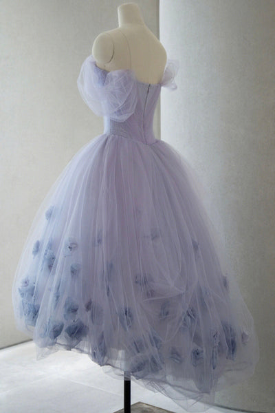 Purple Tulle Off the Shoulder Floral Prom Dresses, Off the Shoulder Lilac Homecoming Dresses, Purple Floral Formal Evening Dresses WT1253