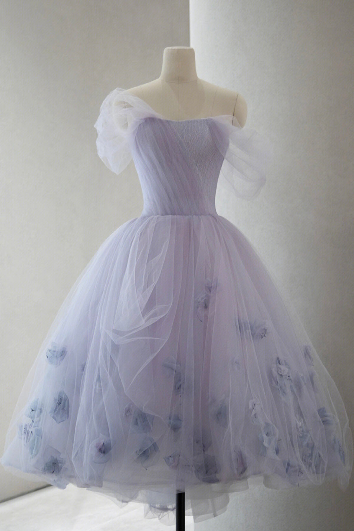 Purple Tulle Off the Shoulder Floral Prom Dresses, Off the Shoulder Lilac Homecoming Dresses, Purple Floral Formal Evening Dresses WT1253