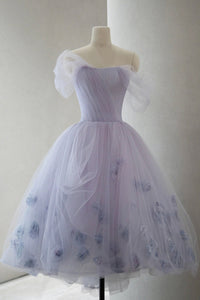 Purple Tulle Off the Shoulder Floral Prom Dresses, Off the Shoulder Lilac Homecoming Dresses, Purple Floral Formal Evening Dresses WT1253