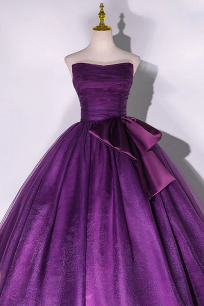 Purple Tulle Strapless Long Prom Dresses, Purple Formal Evening Dresses WT1450