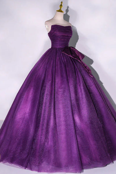 Purple Tulle Strapless Long Prom Dresses, Purple Formal Evening Dresses WT1450