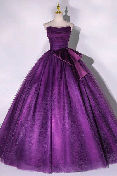 Purple Tulle Strapless Long Prom Dresses, Purple Formal Evening Dresses WT1450