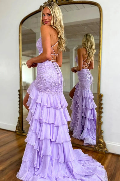 Purple V Neck Backless Mermaid Lace Long Prom Dresses, Lilac Lace Formal Dress, Lilac Evening Dresses WT1590