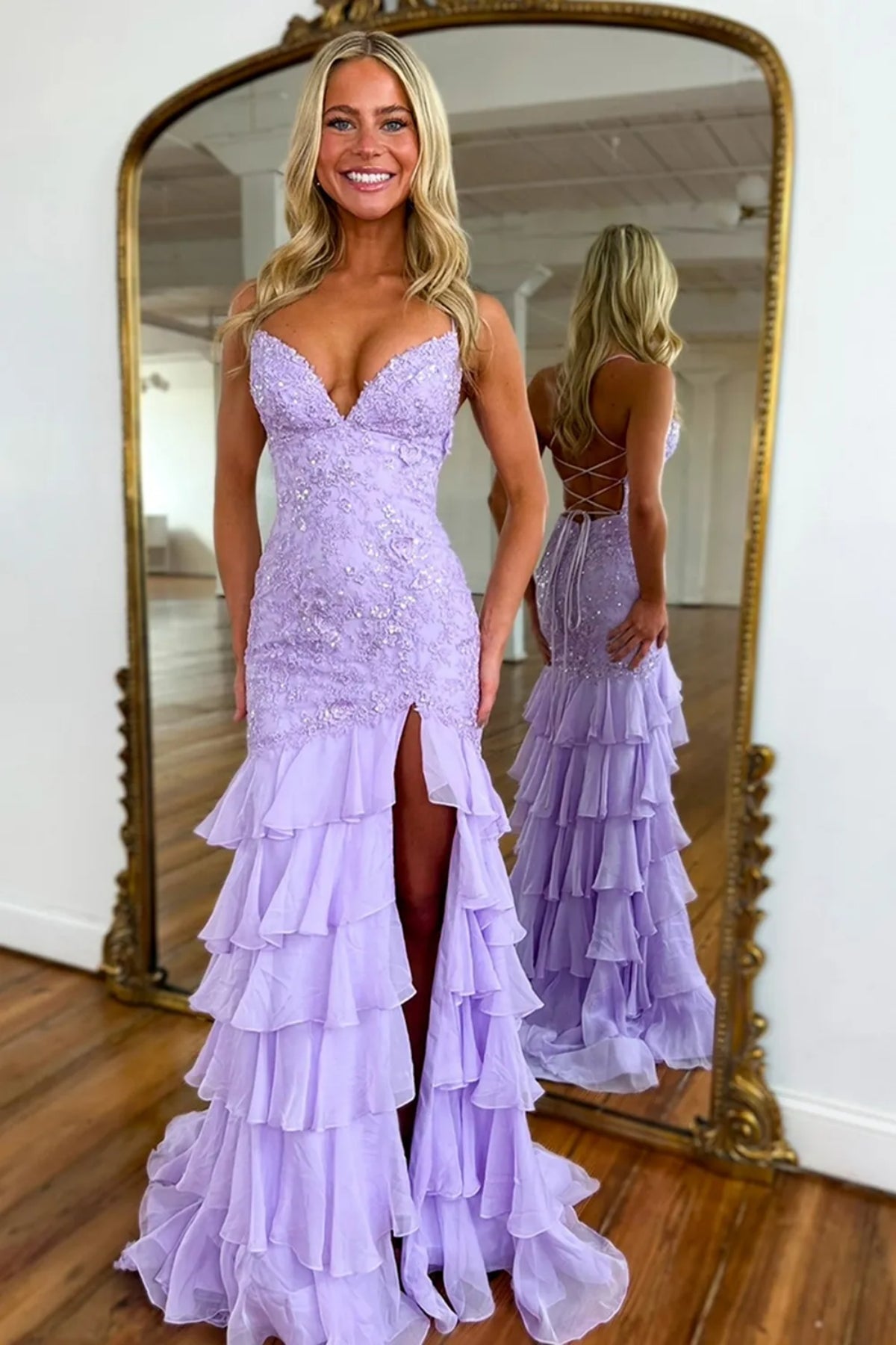 Purple V Neck Backless Mermaid Lace Long Prom Dresses, Lilac Lace Formal Dress, Lilac Evening Dresses WT1590