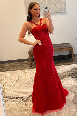 Red Lace Mermaid Long Prom Dresses with Train, Mermaid Red Formal Dresses, Red Lace Evening Dresses WT1322