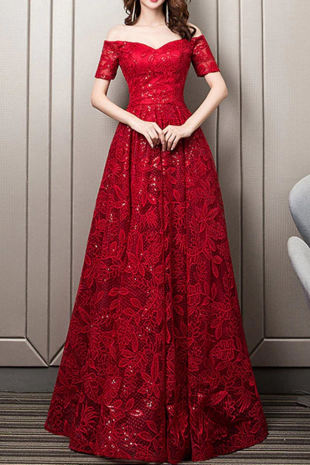 Red Lace Off the Shoulder Long Prom Dresses, Off Shoulder Red Formal Dresses, Red Lace Evening Dresses WT1281