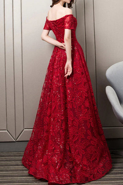 Red Lace Off the Shoulder Long Prom Dresses, Off Shoulder Red Formal Dresses, Red Lace Evening Dresses WT1281