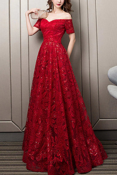 Red Lace Off the Shoulder Long Prom Dresses, Off Shoulder Red Formal Dresses, Red Lace Evening Dresses WT1281