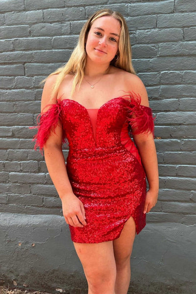 Red Off Shoulder Feather Sequins Short Prom Dresses, Off the Shoulder Red Homecoming Dresses, Short Red Formal Graduation Evening Dresses WT1307