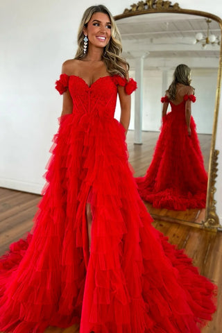 Red Off the Shoulder High Slit Ruffle Tulle Lace Long Prom Dresses, Red Lace Formal Evening Dresses, Red Ball Gown WT1589
