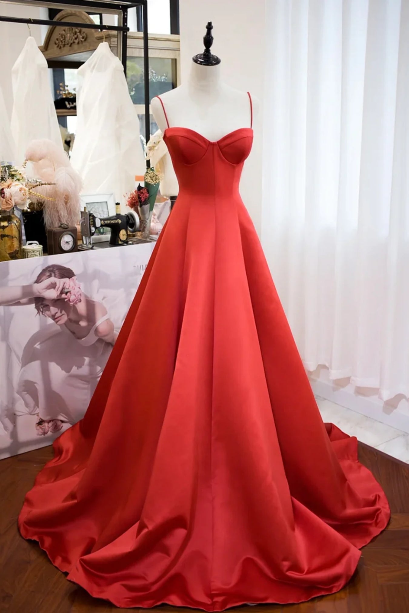 Red Open Back A Line Spaghetti Straps Long Prom Dresses, Long Red Formal Graduation Evening Dresses WT1375