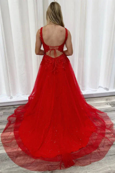 Red Open Back Lace Long Prom Dresses with High Slit, Red Lace Formal Dresses, Red Evening Dresses WT1539