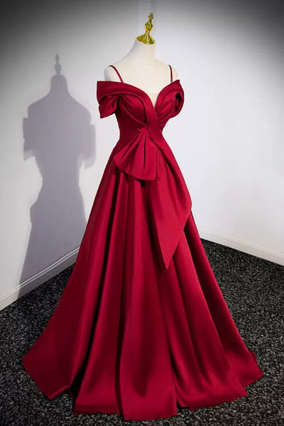 Red Satin Off Shoulder Long Prom Dresses, Off the Shoulder Formal Dresses, Wine Red Evening Dresses WT1255