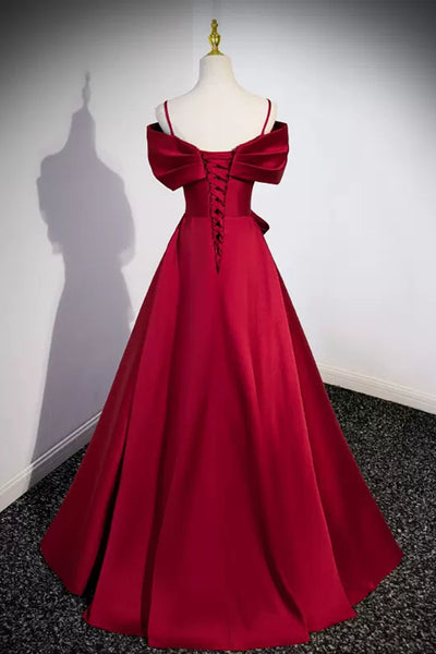 Red Satin Off Shoulder Long Prom Dresses, Off the Shoulder Formal Dresses, Wine Red Evening Dresses WT1255