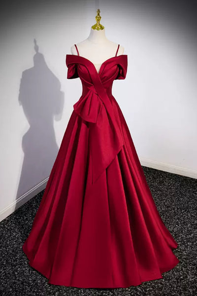 Red Satin Off Shoulder Long Prom Dresses, Off the Shoulder Formal Dresses, Wine Red Evening Dresses WT1255